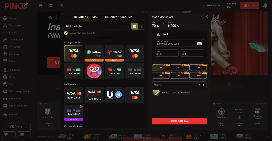Pinco-da Hesabın Aviator üçün Necə Doldurulur